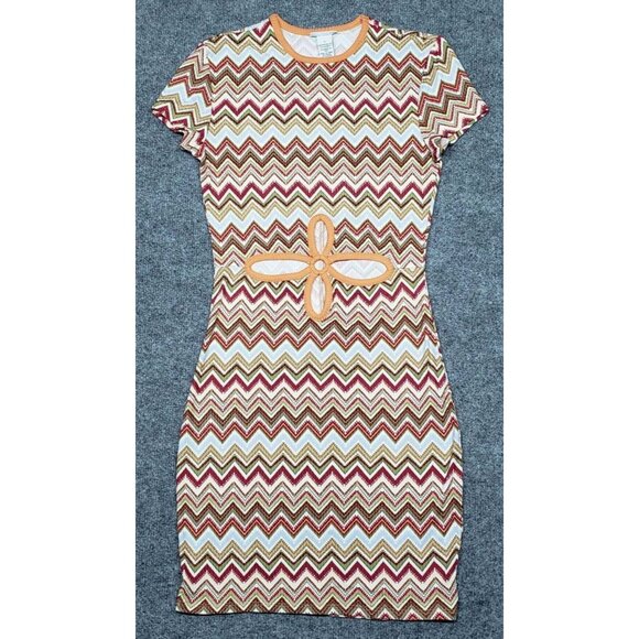 Rue21 Bodycon Cutout Dress Womens S Multicolor Chevron Stretch Short Sleeve New - Picture 1 of 11